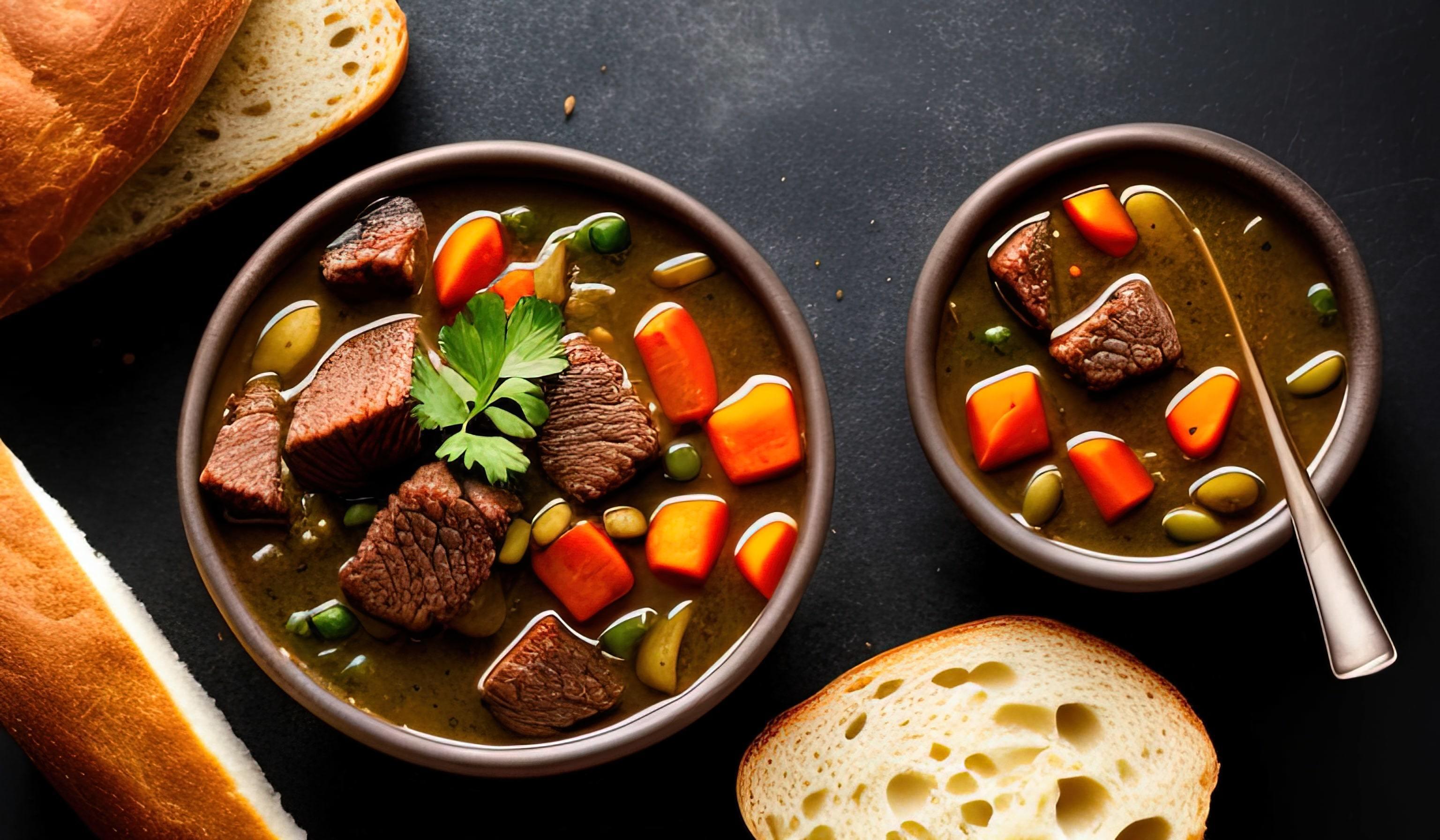 professional food photography close up of a a bowl of beef stew with bread on the side Stock Free