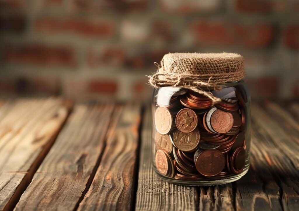 Jar filled with coins on wooden background generated by AI. Free Photo