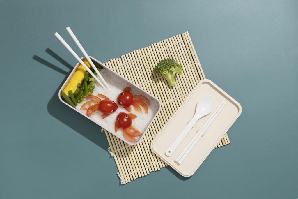 Top view composition food Japanese bento box Stock Free