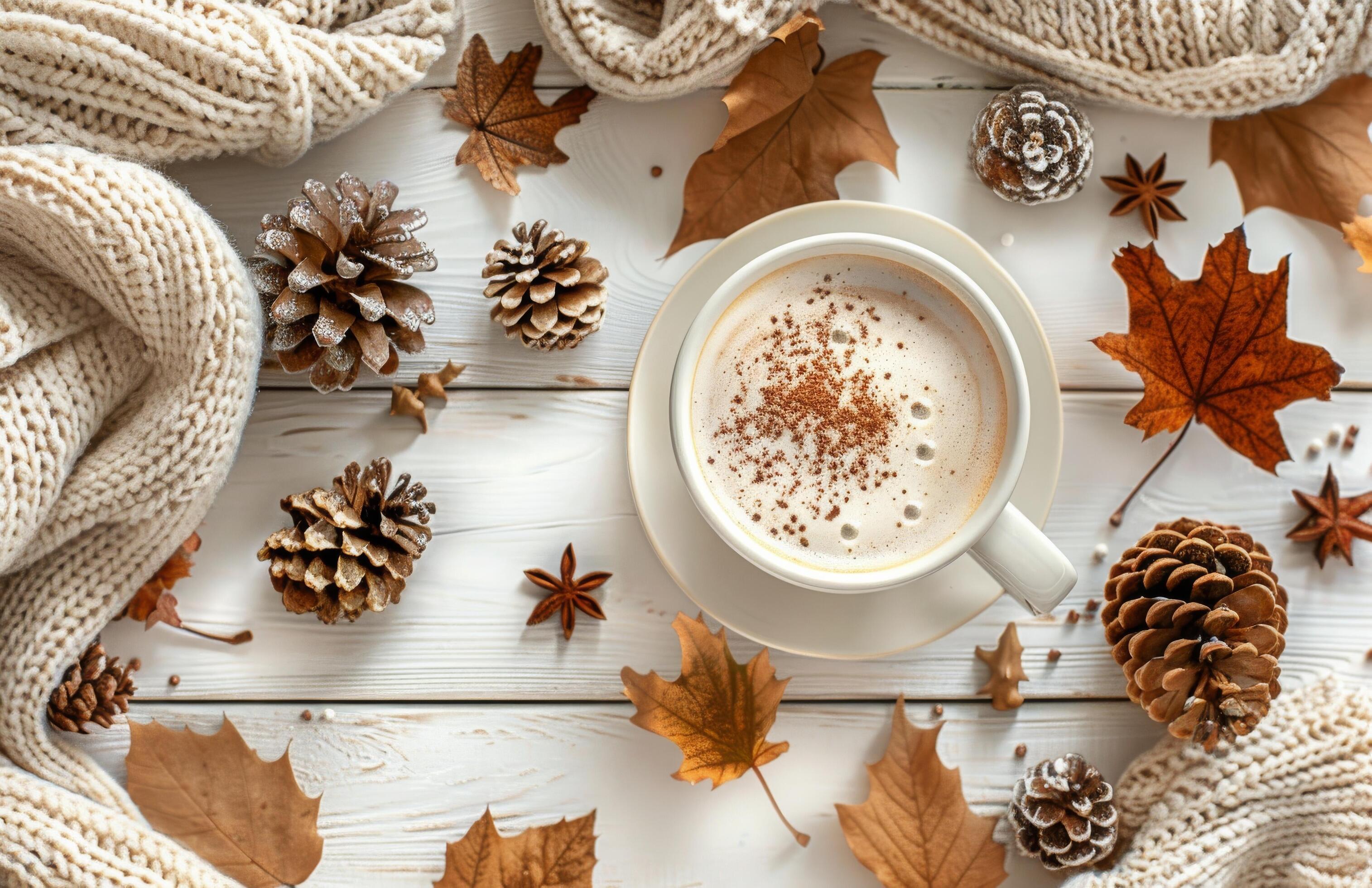 Cozy Autumn Day Coffee Break With Cinnamon and Pine Cones Stock Free