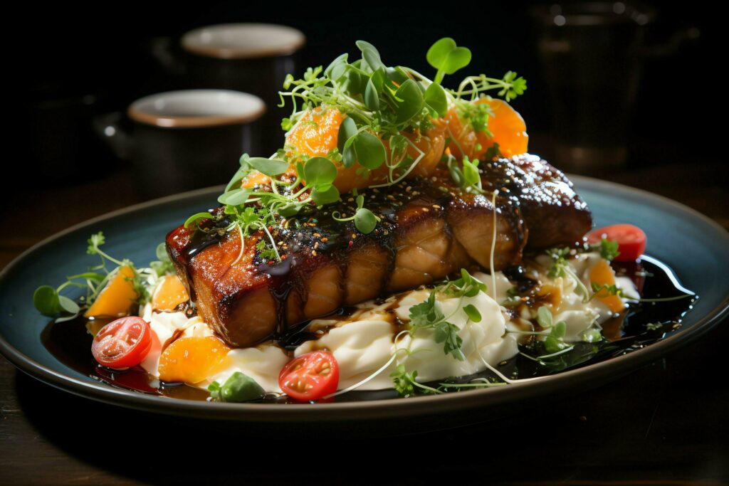 A delicious crispy pork belly fancy on plate. Restaurant food and asian cuisine concept by AI Generated Stock Free