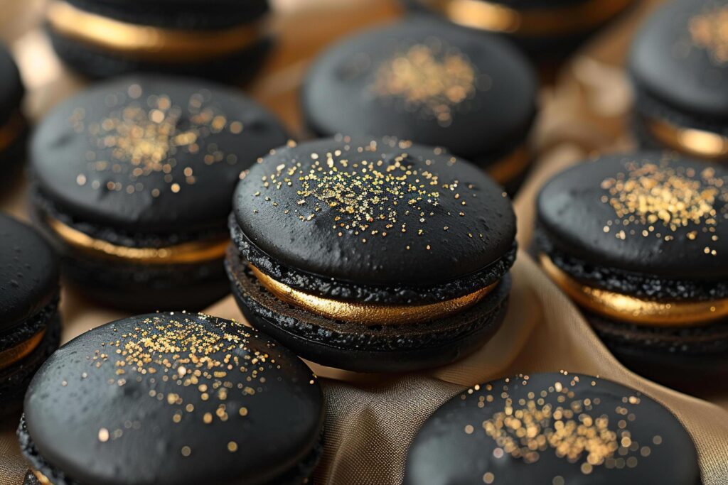 Black macaroons with golden macaroon filling, macaroon background. Generated by artificial intelligence Stock Free