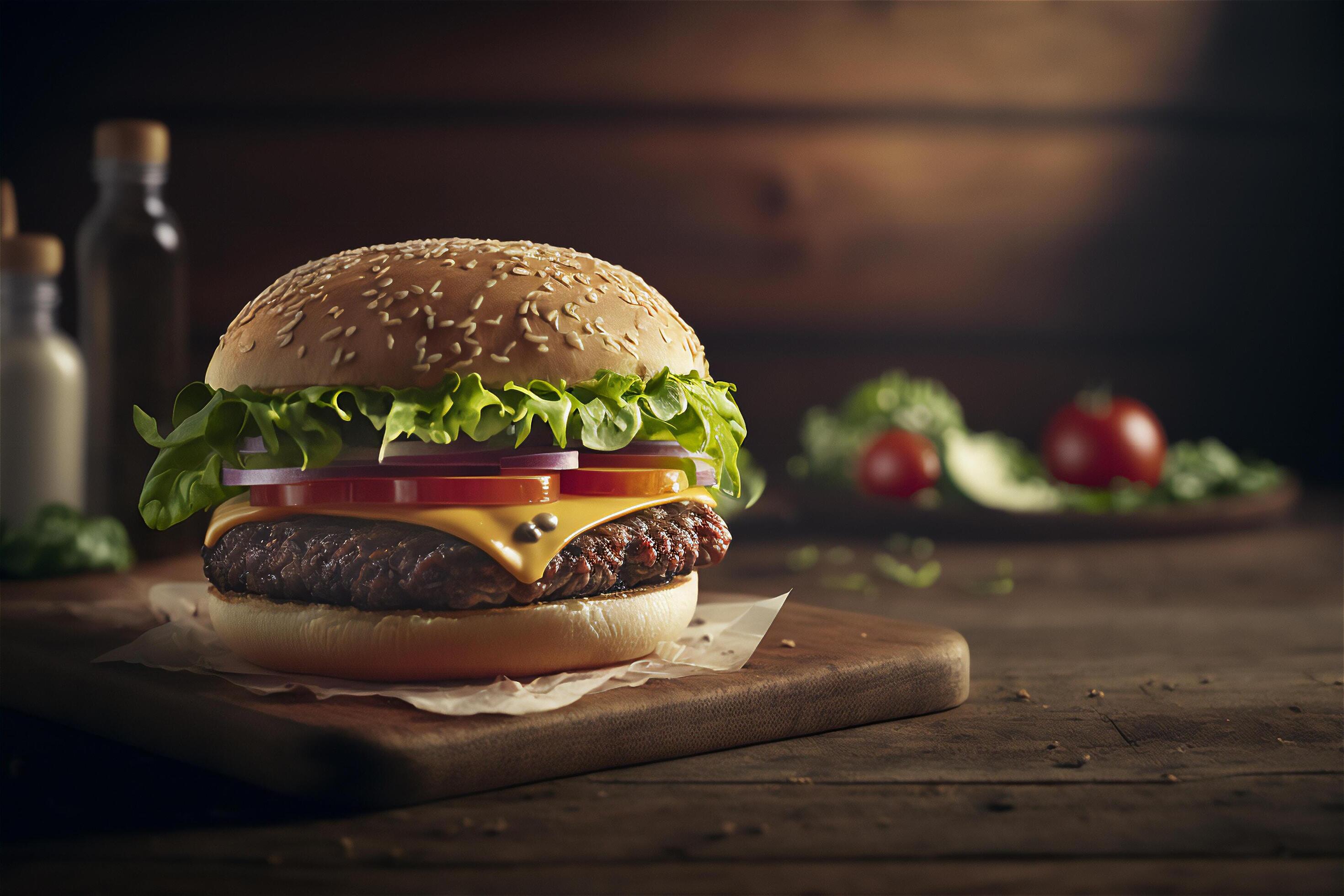 Tasty homemade hamburger on rustic wooden table. Copy space. Advertising. . Fast food snack Stock Free