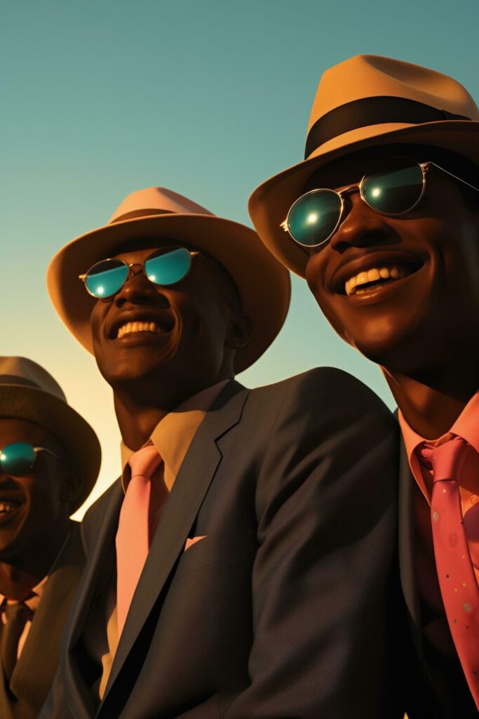 Three men in suits and hats smiling at the camera. Free Photo