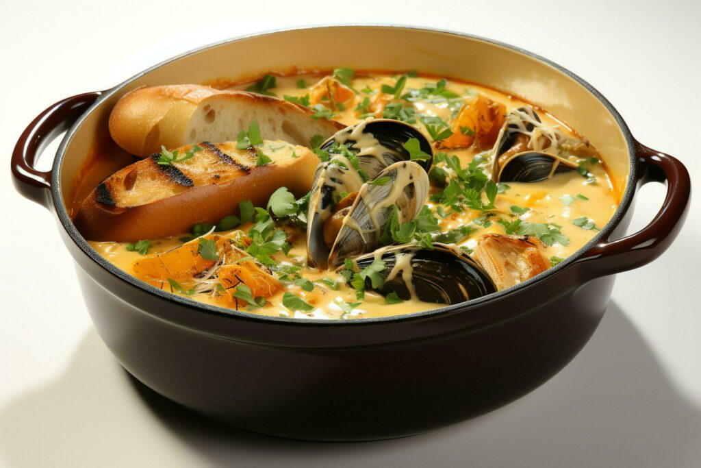 A delicious bouillabaisse soup food in a bowl. Marseille food and healthy protein soup meal concept by AI Generated Stock Free