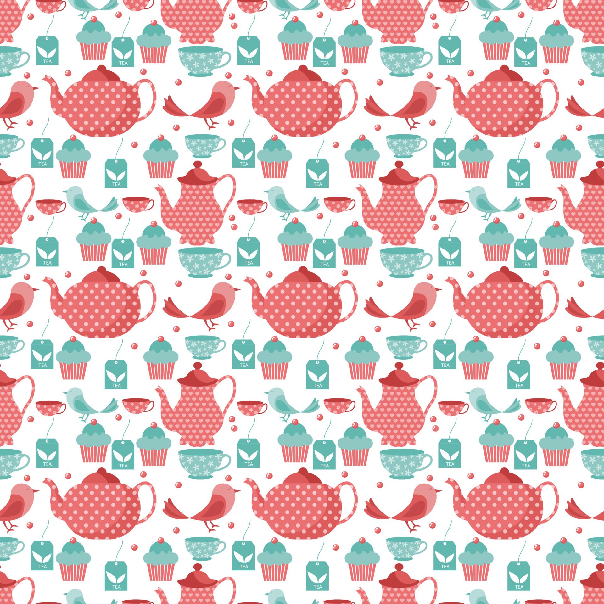 Tea and Birds Seamless Pattern Design Free Vector