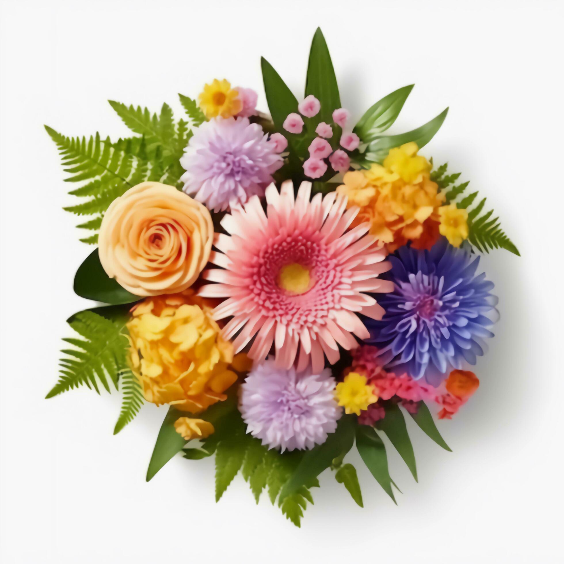 A top view of a bouquet of various colorful flowers. Isolated white background. AI Generated. Stock Free