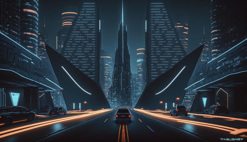 A futuristic, neon-lit cityscape in the style of TRON, Generate Ai Stock Free