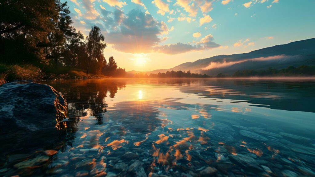 Serene Dawn Reflecting on a Calm Riverside Free Photo