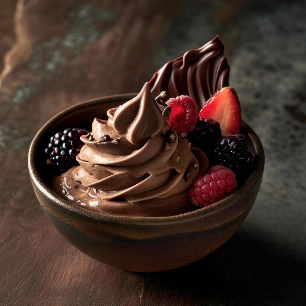 froyo with chocolate and berries in a bowl Free Photo