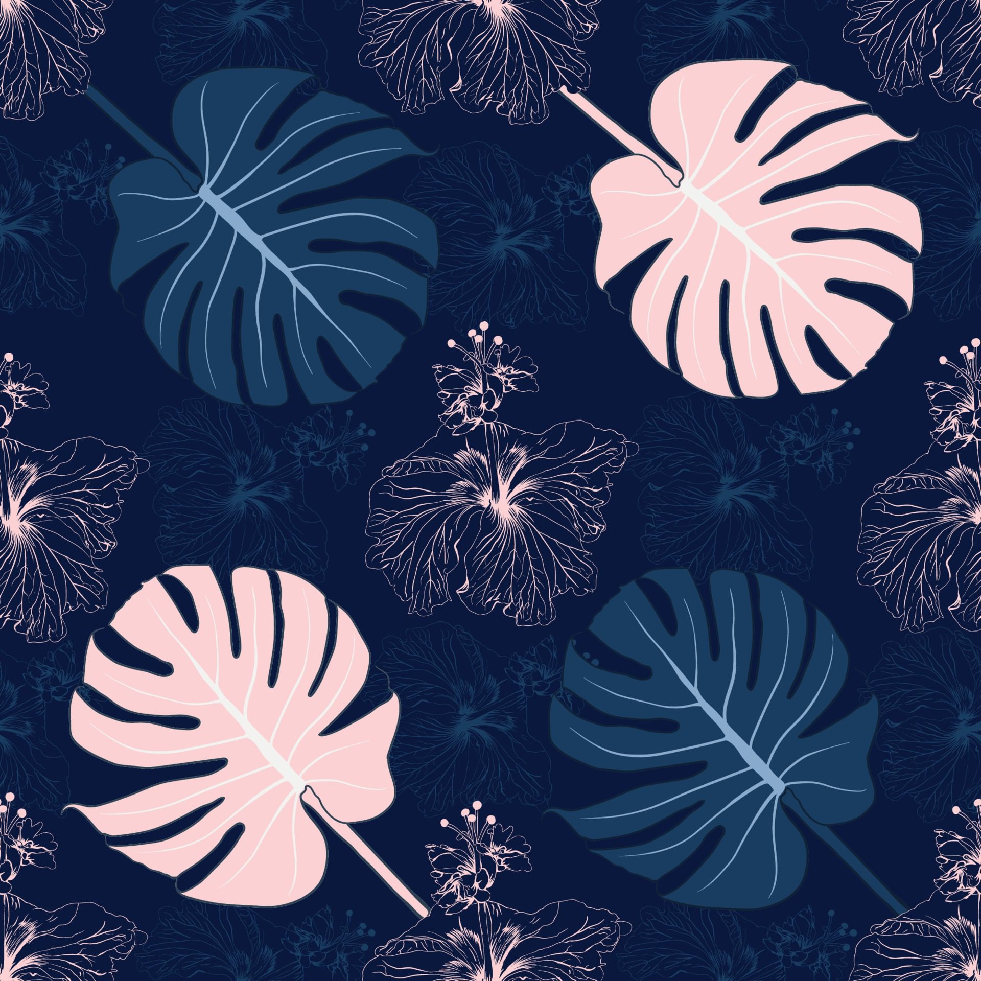 Seamless floral pattern pink Hibiscus flowers and leaf on background. Free Vector