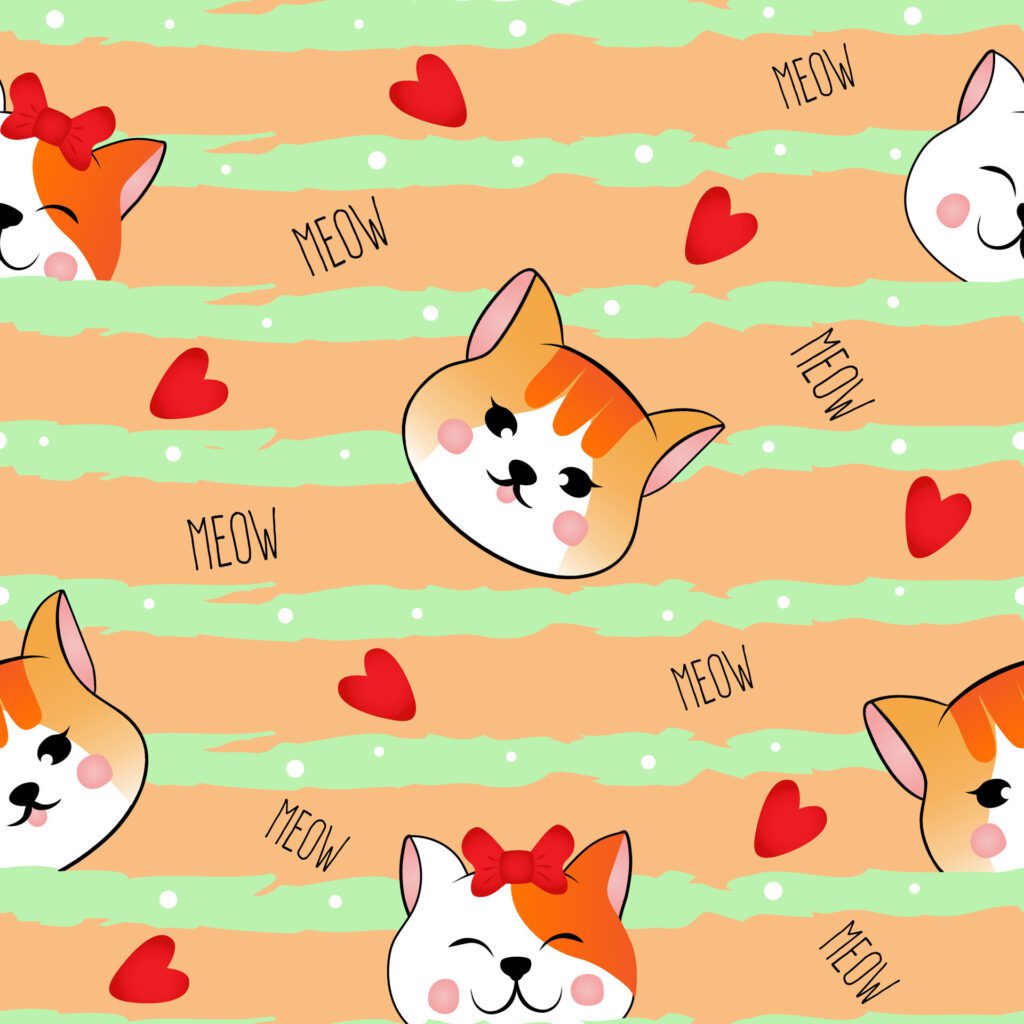 Seamless pattern with many different red heads of cats on orange striped background. illustration for children. Free Vector