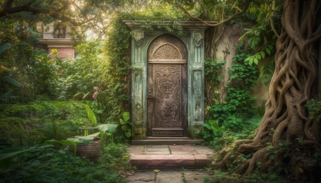 Ancient doorway leads to spirituality in nature tranquil scene generated by AI Stock Free