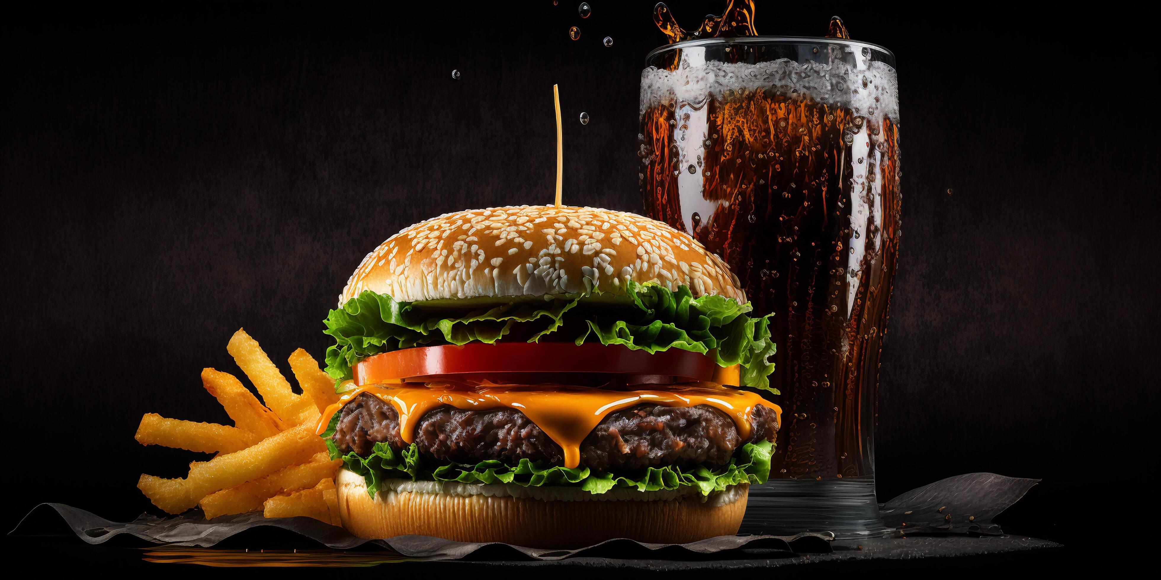 The fast food meal in the black background with . Stock Free