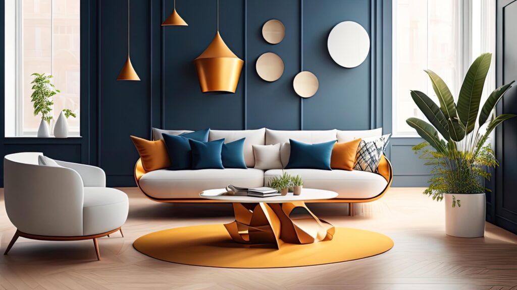 Modern living room interior with blue walls, wooden floor, white sofa and round coffee table. Stock Free