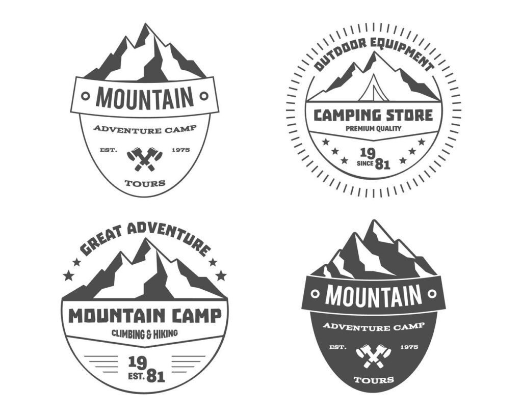 Set of monochrome outdoor adventure and mountain, hiking badge logo, emblem, label design. Summer travel with family. Vector Stock Free