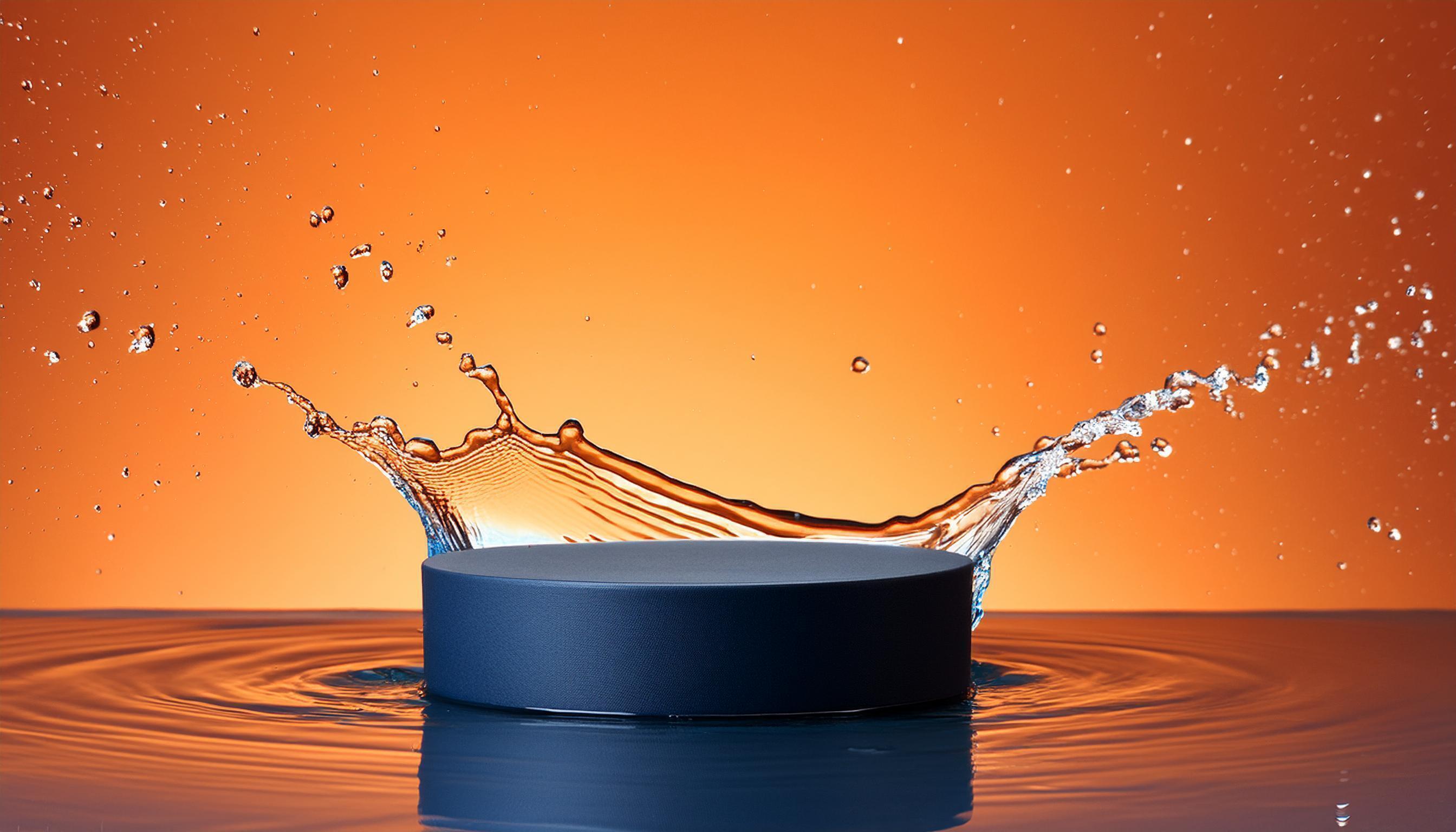 empty blue podium mockup with water splash on a gradient background for product display Stock Free