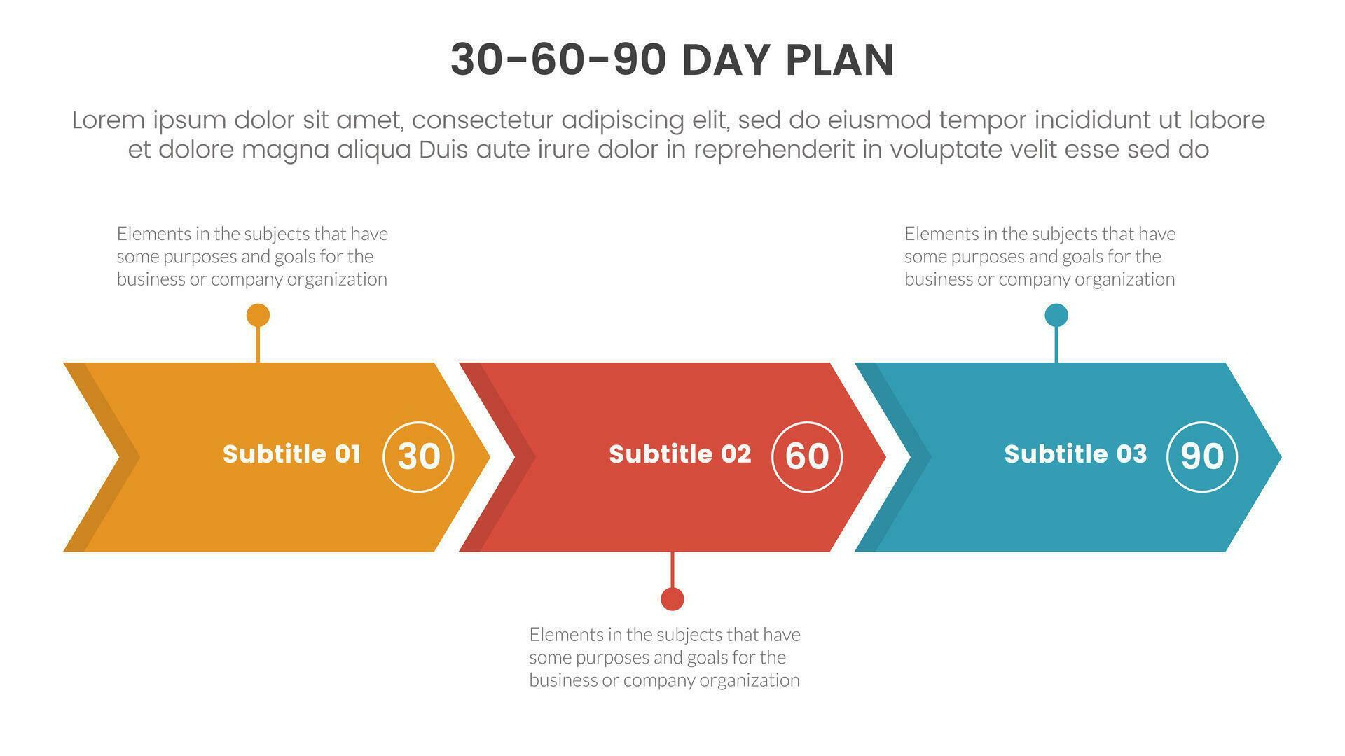 30-60-90 day plan management infographic 3 point stage template with arrow right direction concept for slide presentation vector Stock Free