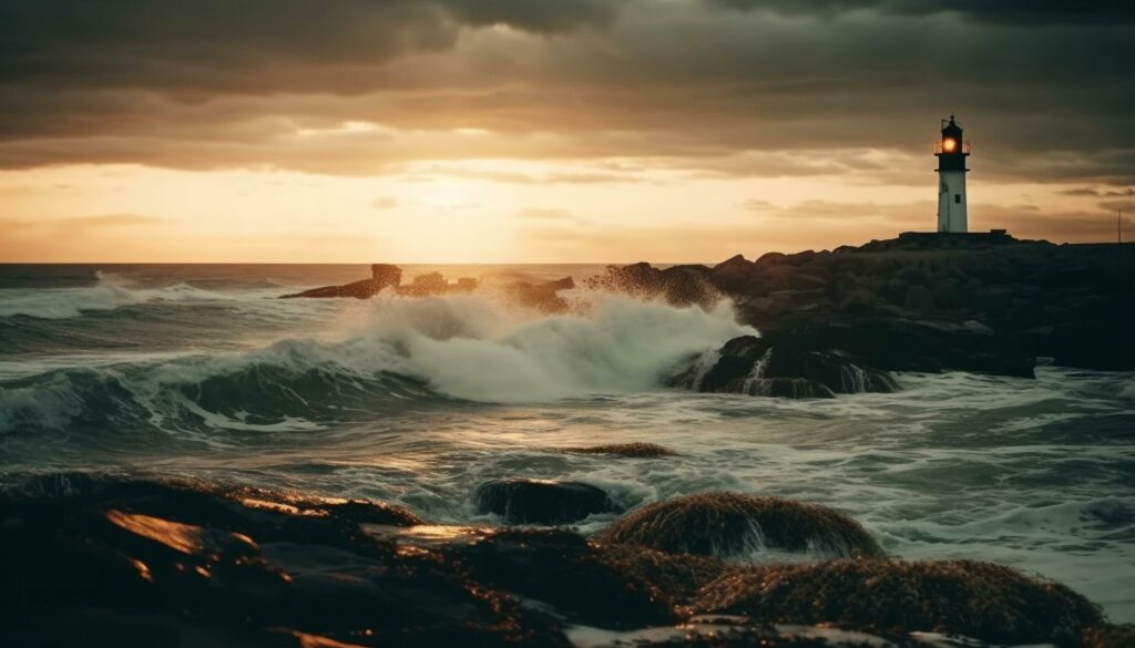 Sunset over the coastline, waves breaking on rocks generated by AI Stock Free