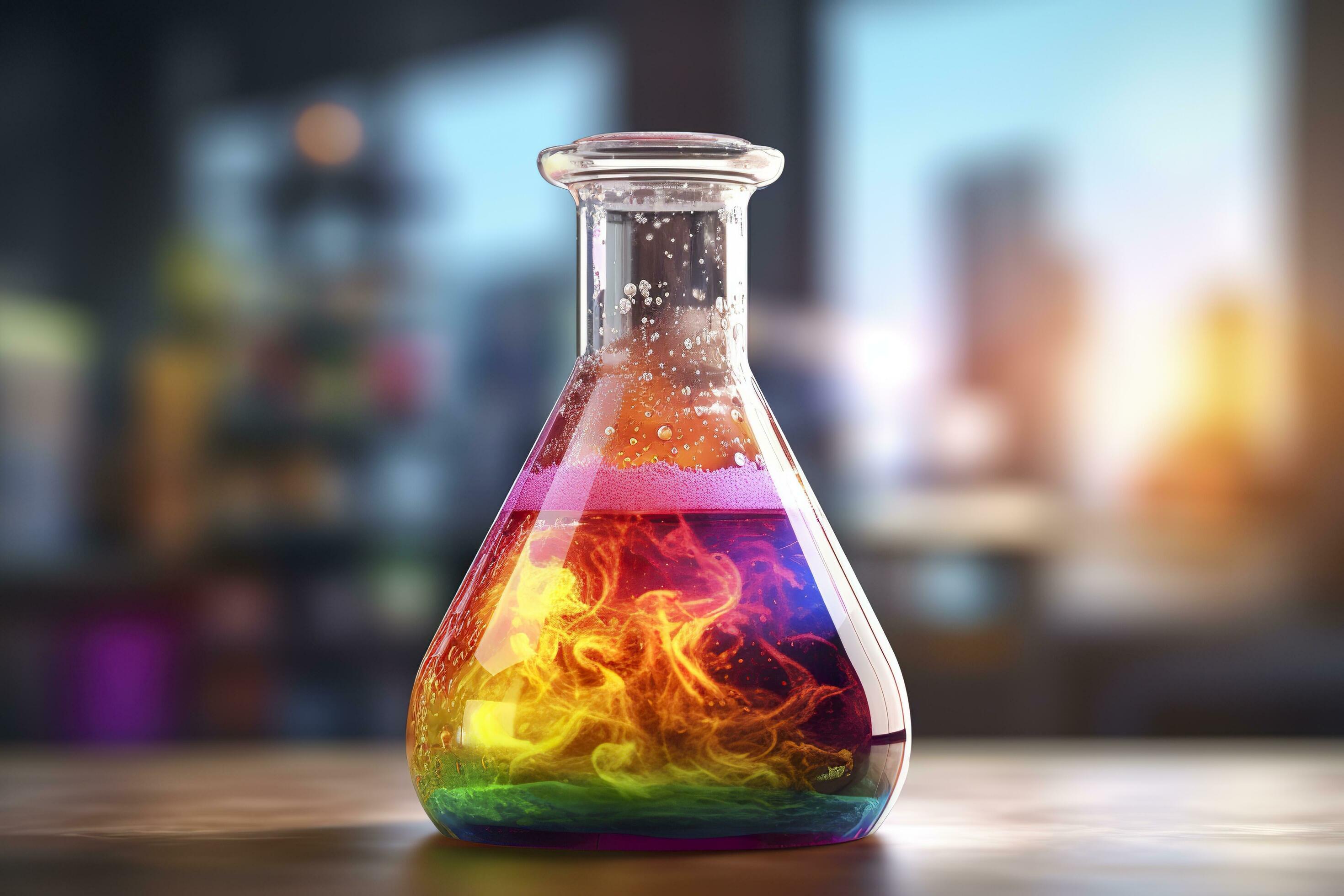 Close Up of a Science Beaker Filled with Multi Colored Liquids. AI Generative Stock Free