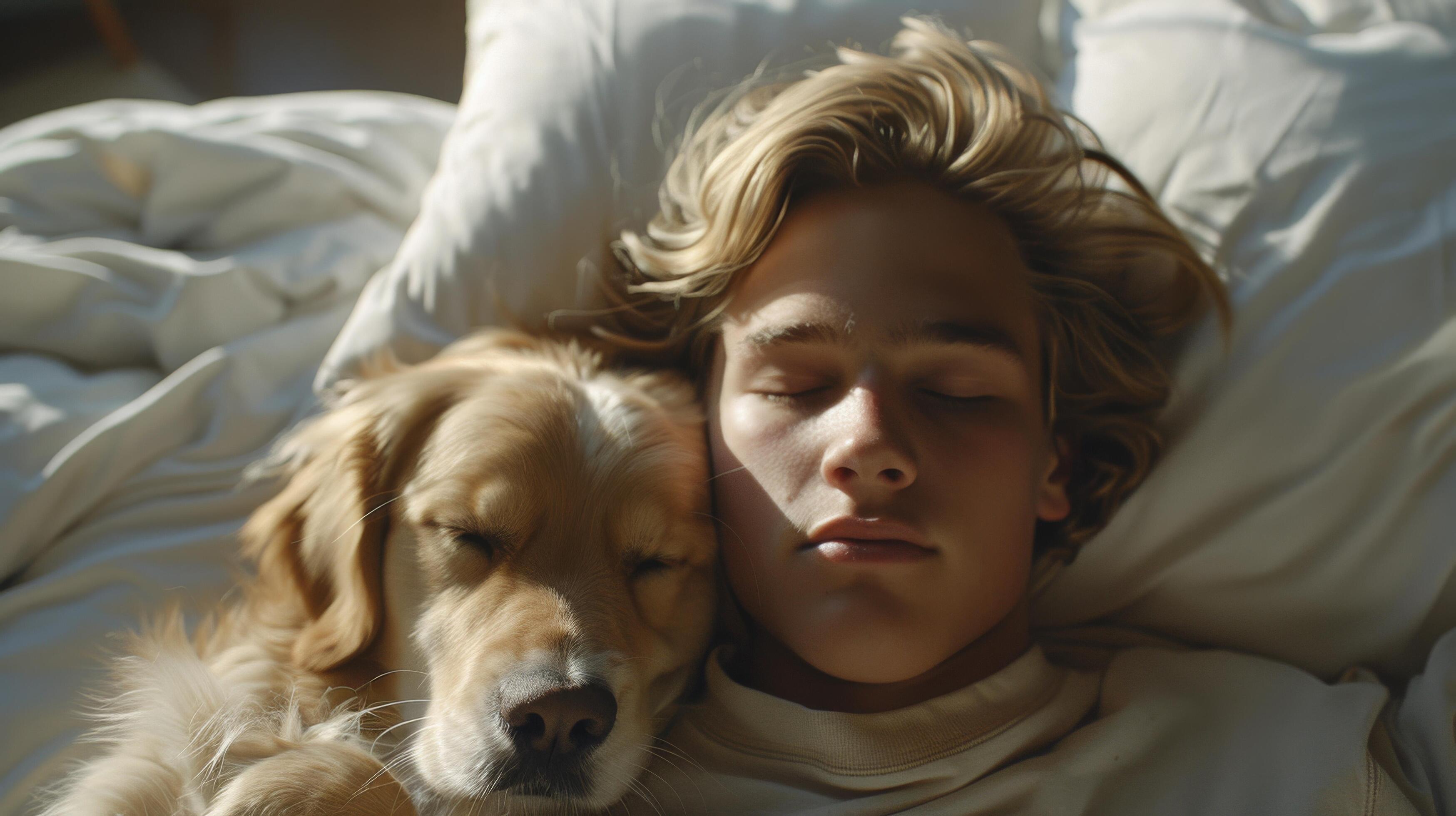 Person Relaxing in Bed With Dog Stock Free