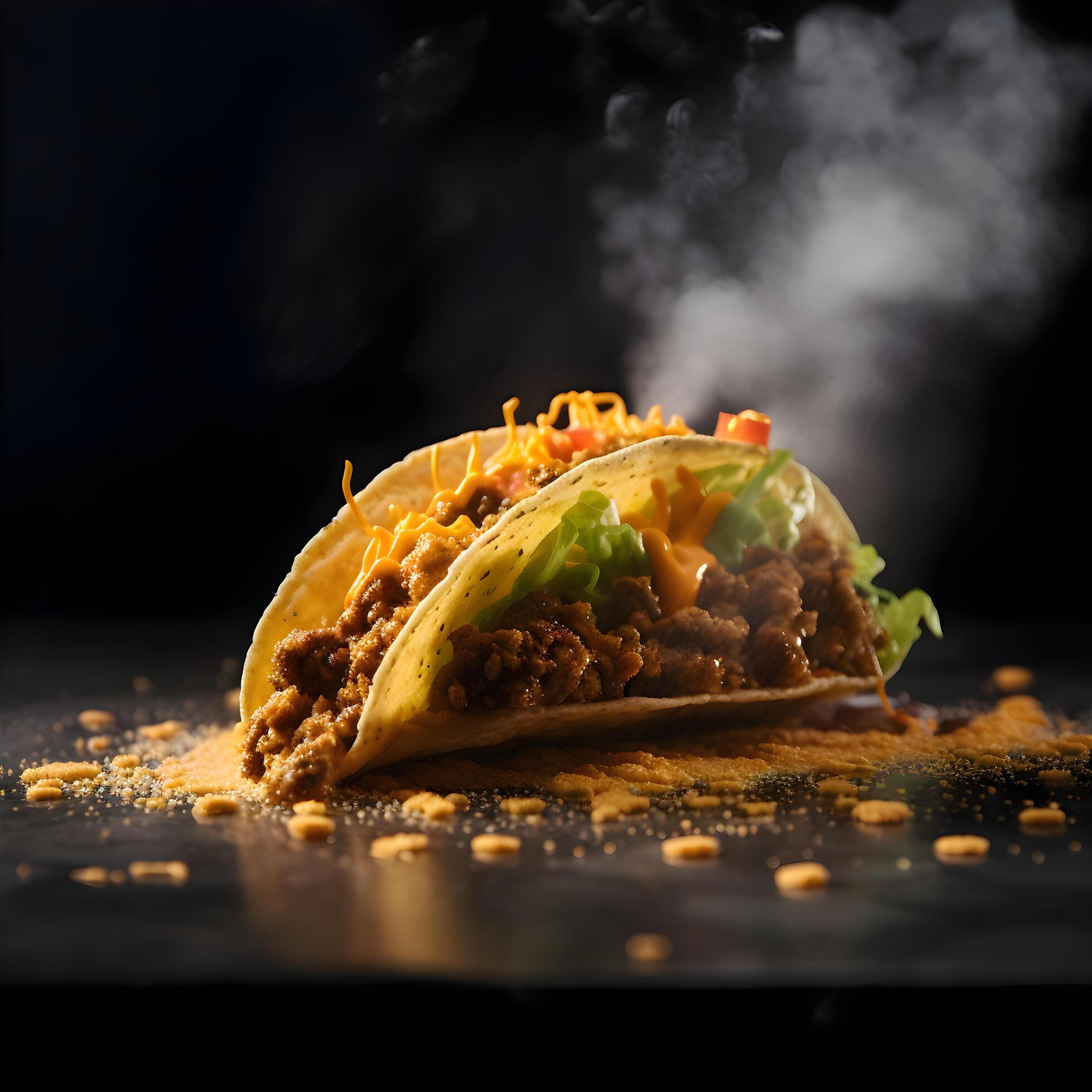 Taco with meat and vegetables on a black background. Mexican food., Image Stock Free