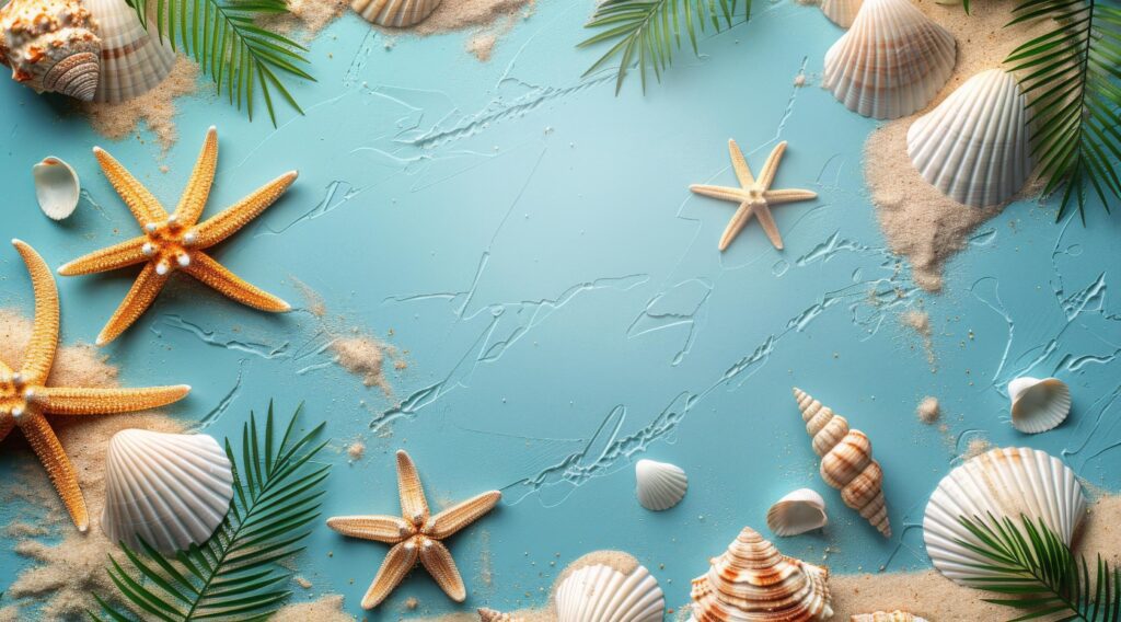 Seashells and Starfish on Blue Background With Palm Fronds and Sand Stock Free