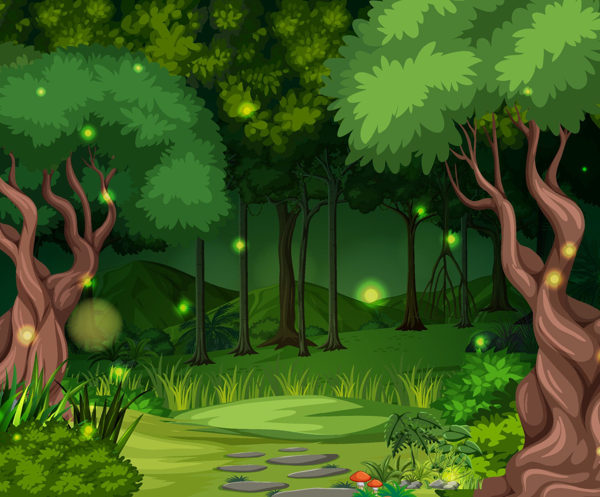 Enchanted forest landscape background Free Vector