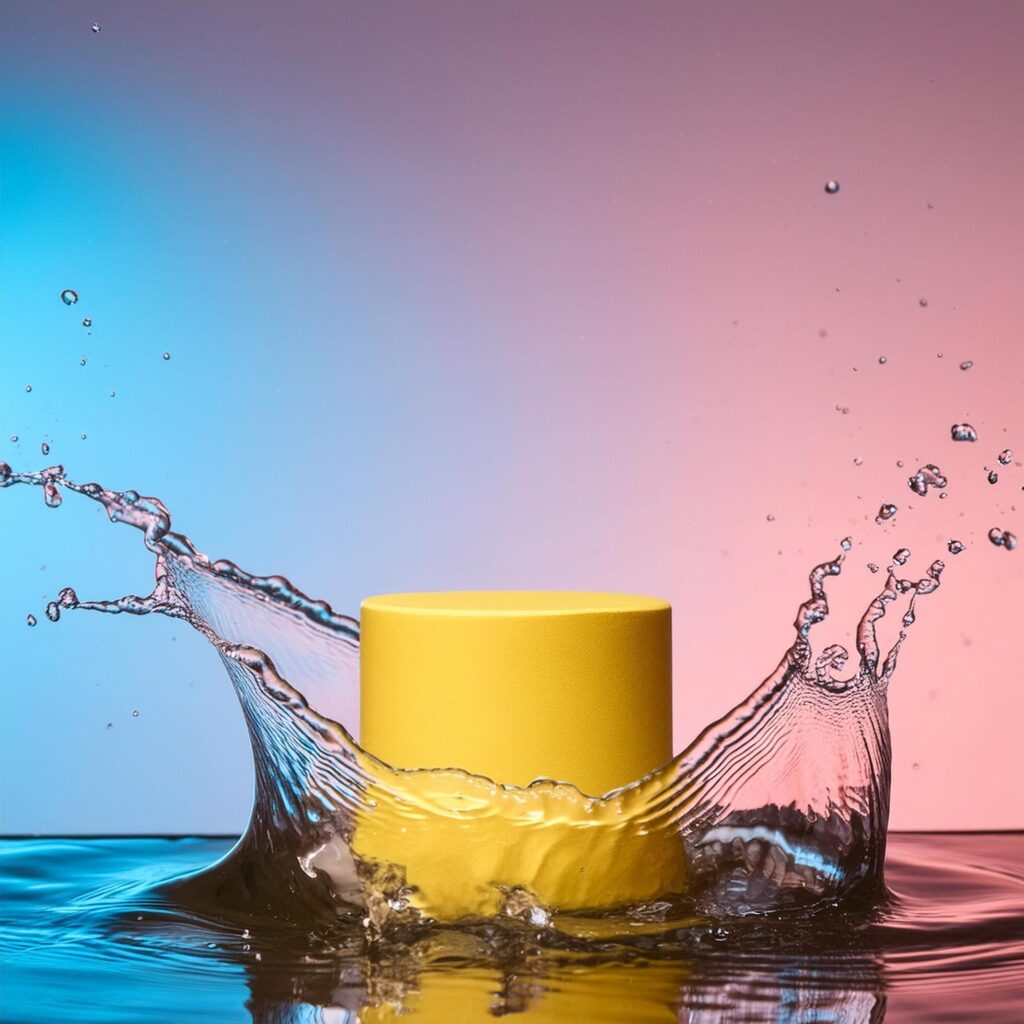 empty yellow podium mockup with water splash on a gradient background for product display Stock Free