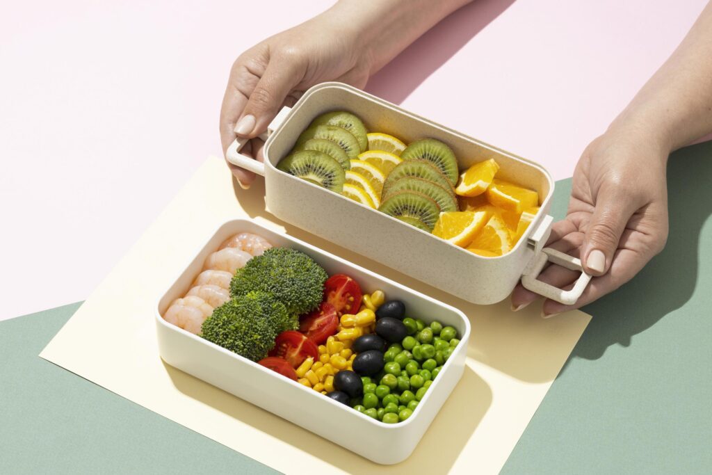 Top view composition food Japanese bento box Stock Free