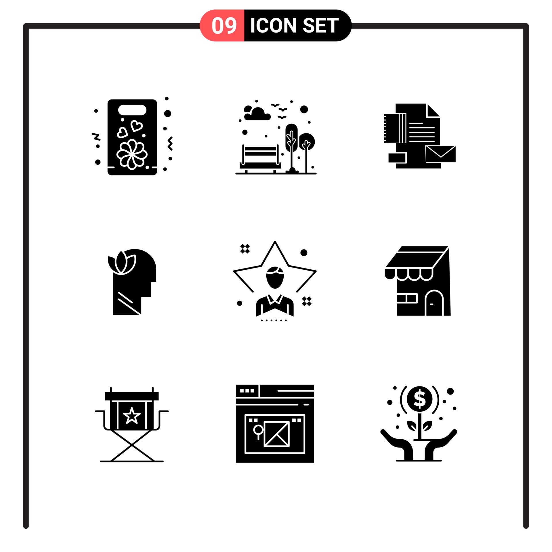 Set of 9 Solid Style Icons for web and mobile. Glyph Symbols for print. Solid Icon Signs Isolated on White Background. 9 Icon Set. Free Vector