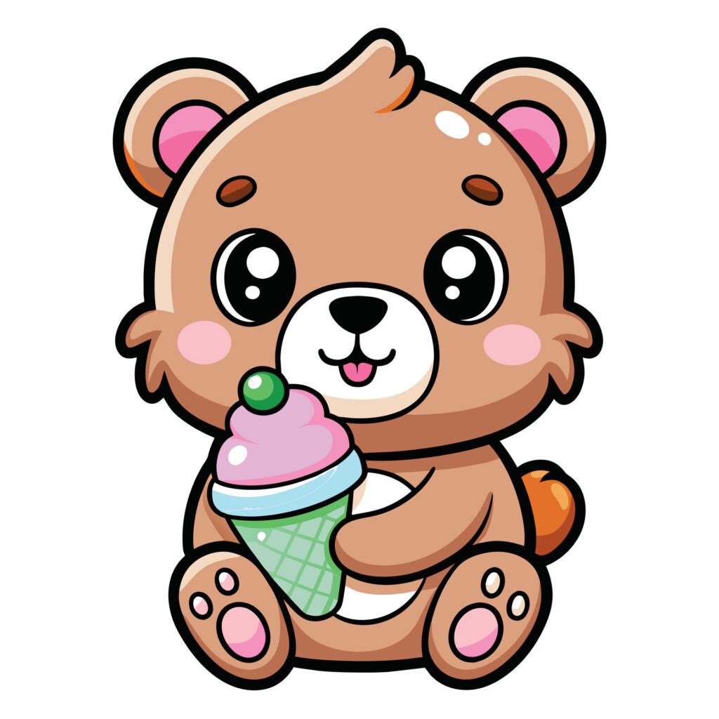 a cute kawaii bear eating ice cream, with clean black outlines, white background Free Vector