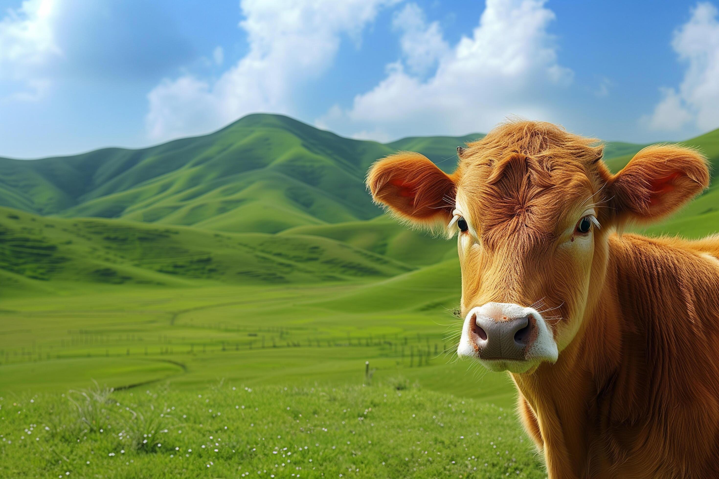 a cow standing in a field with hills in the background Stock Free