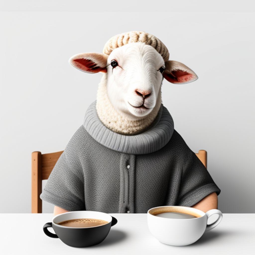 A sheep drinking coffee by @ai_generated