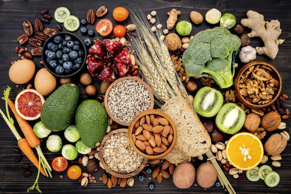 Top view of healthy foods on a black background Stock Free