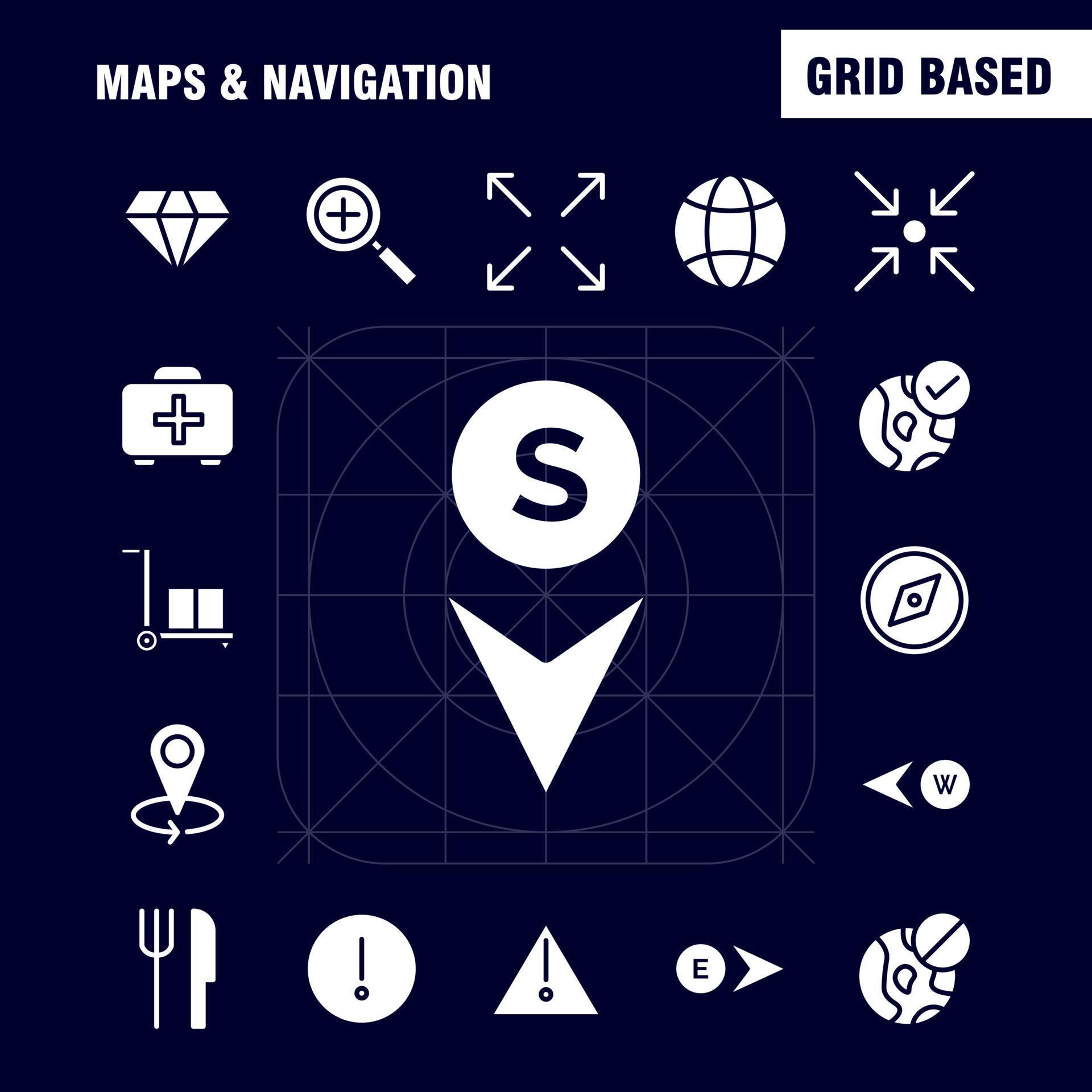 Maps And Navigation Solid Glyph Icon Pack For Designers And Developers Icons Of Food Fork Kitchen Knife Tools Arrow Bearing Direction Vector Stock Free