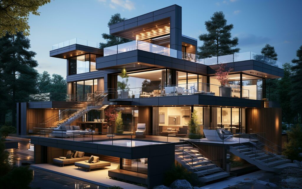 unique industrial architecture house in daylight, photo-realistic AI generative Stock Free