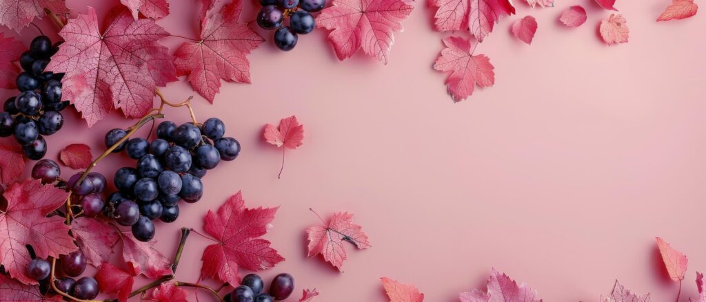 Fresh Grape Clusters and Red Autumn Leaves on Pink Background Stock Free