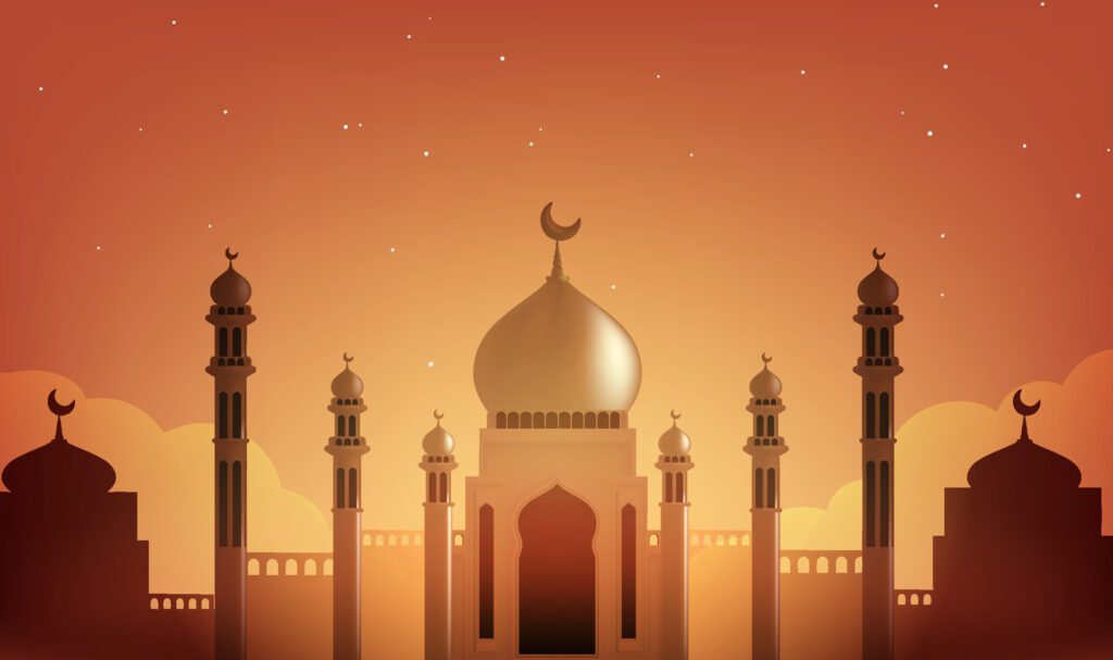 a colorful illustration of a mosque with a mosque in the background Free Vector