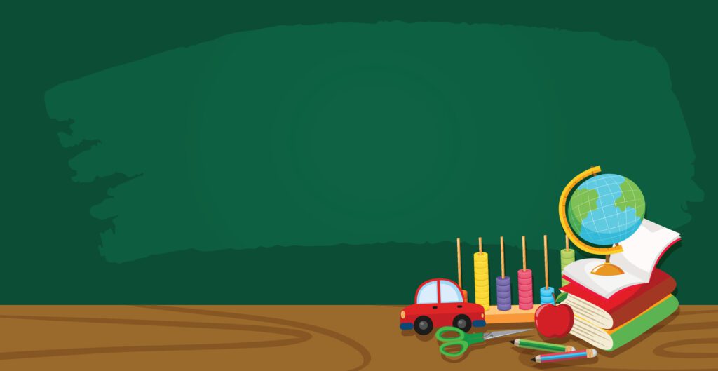 background with school supplies and chalkboard Free Vector