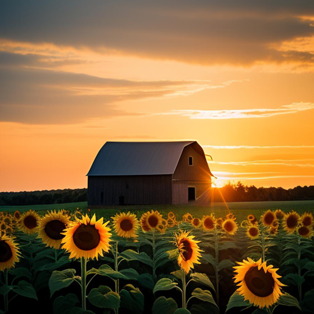 Sunflower field, barn, sunset, by @ai_generated