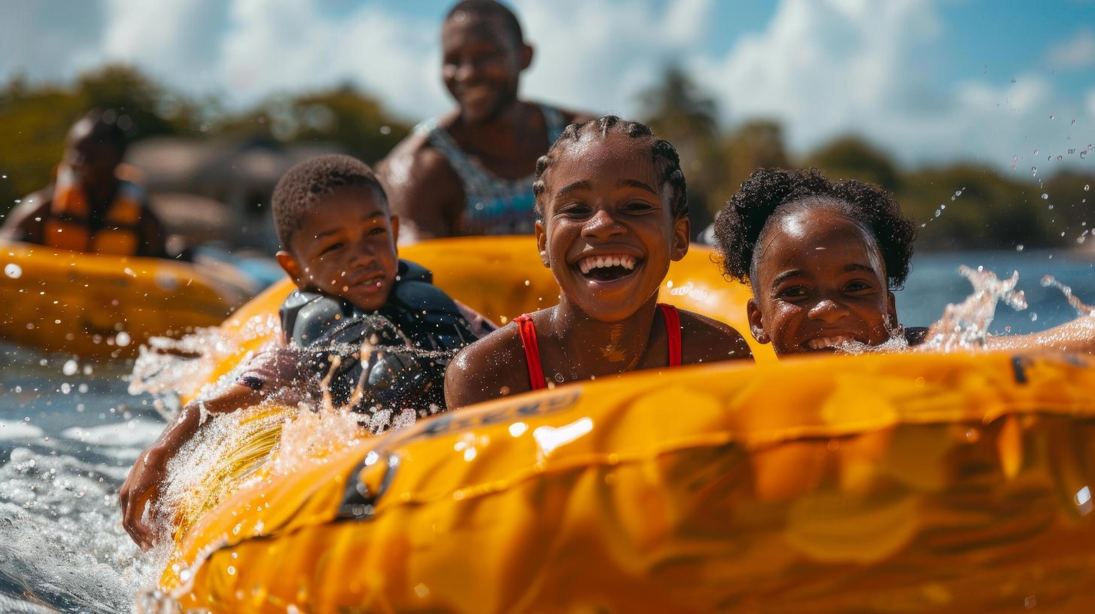 A family sharing a giant inflatable raft, riding down a thrilling water ride Stock Free