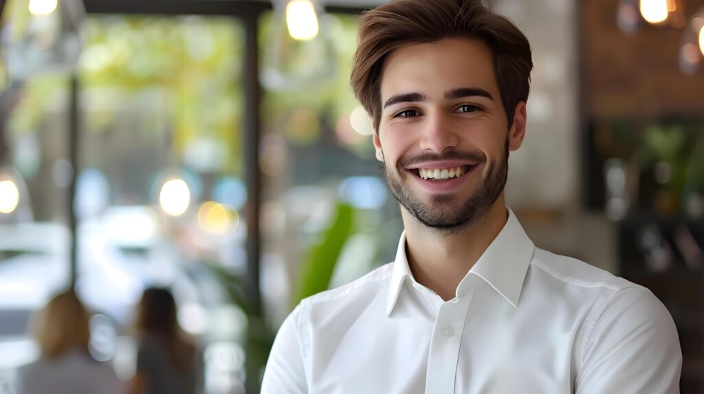 Smiling Young Business Professional in Corporate Attire Exuding Confidence and Positivity Stock Free