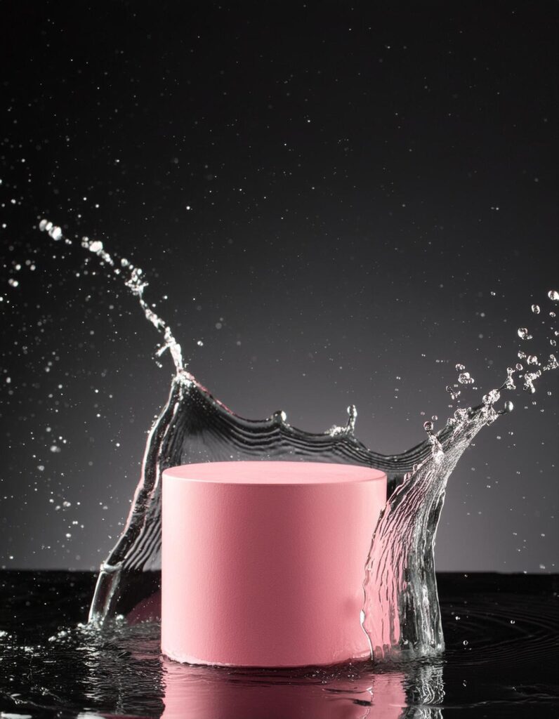 empty pink podium mockup with water splash on a black gradient background for product display Stock Free