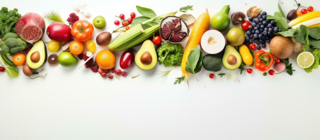 An unedited image from above showing a blank space surrounded by different types of fresh food Stock Free