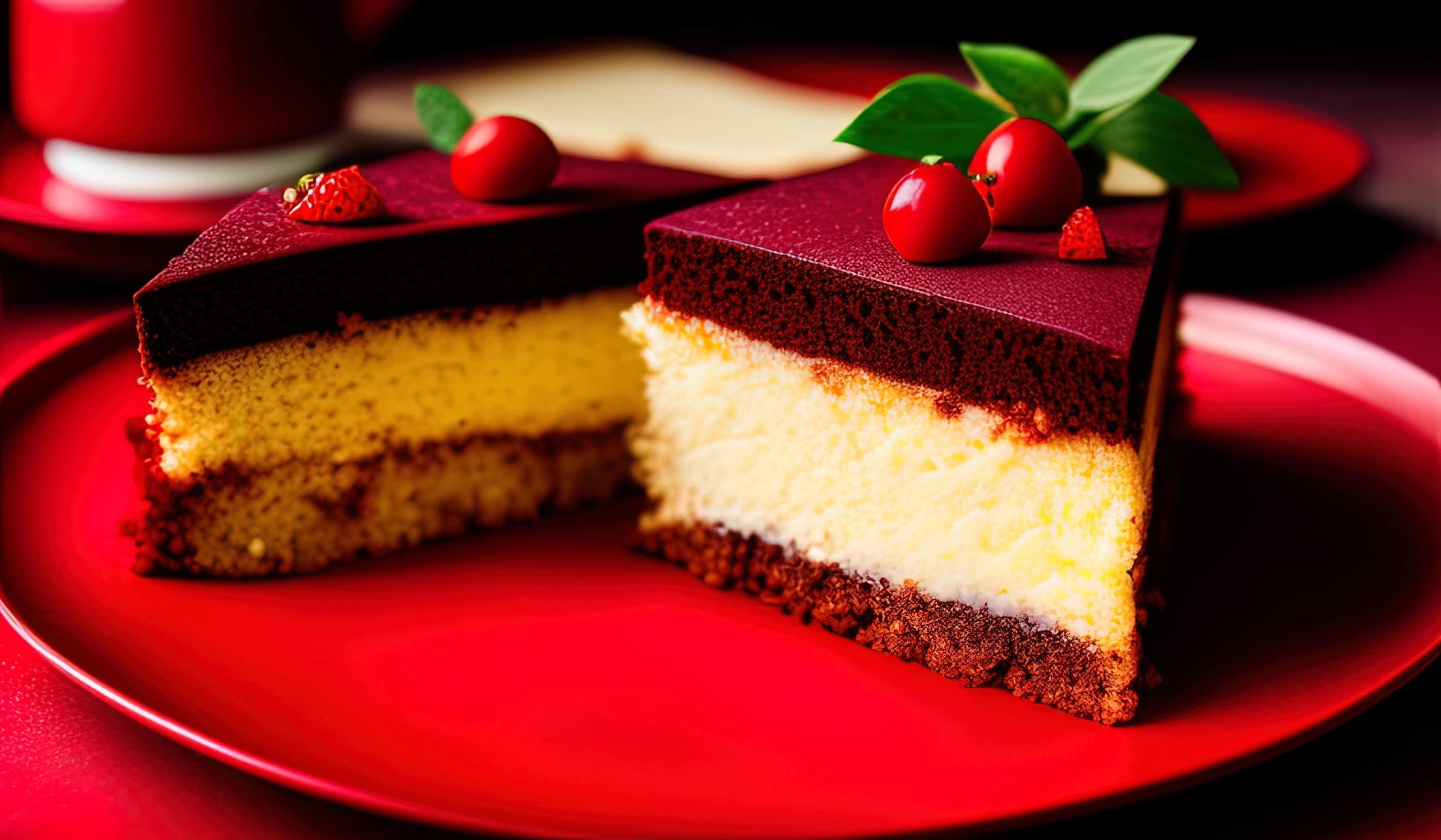 
									professional food photography of a piece of cake sitting on top of a red plate Stock Free