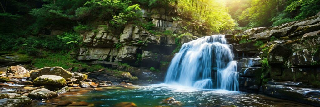 Panoramic view of waterfall in deep forest. Beautiful nature background. Free Photo