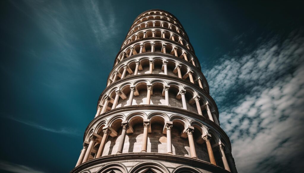 Leaning basilica, ancient miracle, Gothic architecture, Italian culture, national landmark generated by AI Stock Free