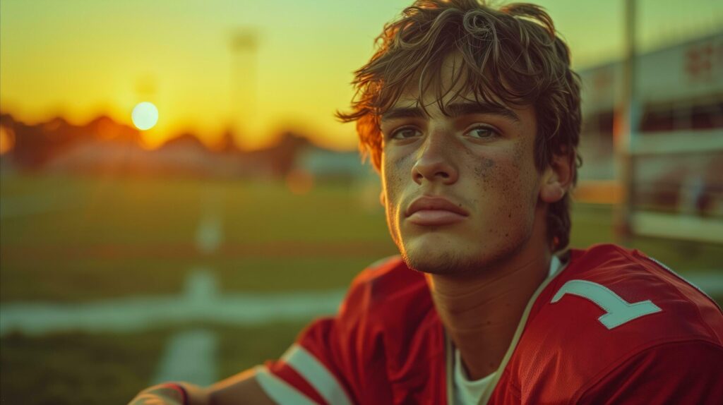 Serious young football player in red jersey at sunset on the field Free Photo