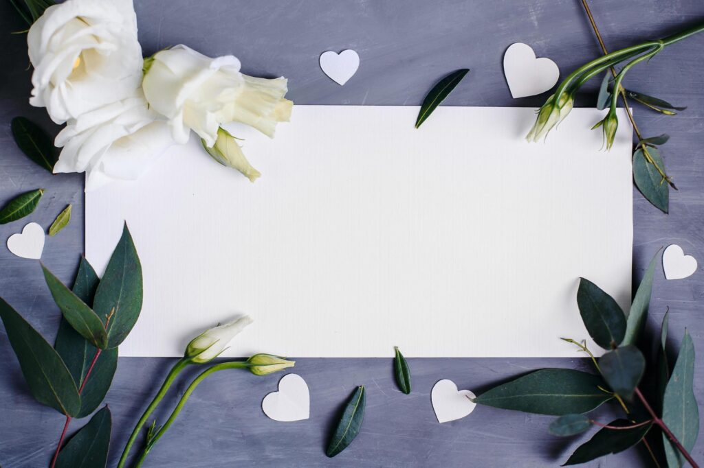 Blank paper copy space. Frame with flowers. Silk ribbon. Gray background. Simple bouquet. Greeting card. Stock Free